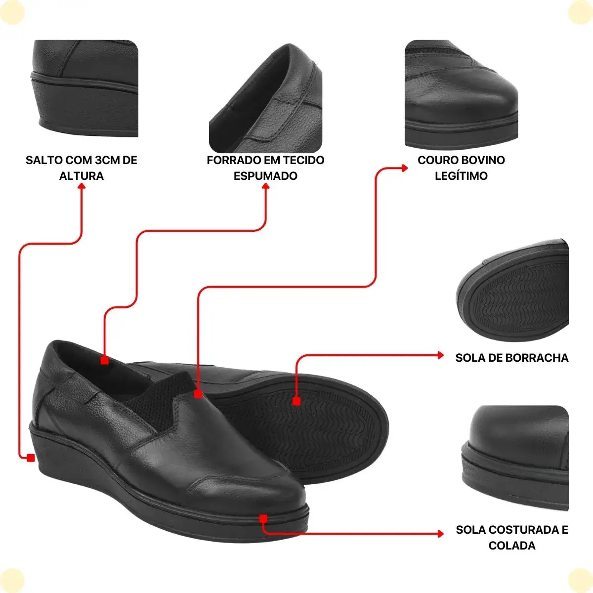 Sapato Feminino Anabela Couro Legítimo Confortável Slip On - Modelo - Imagem 3