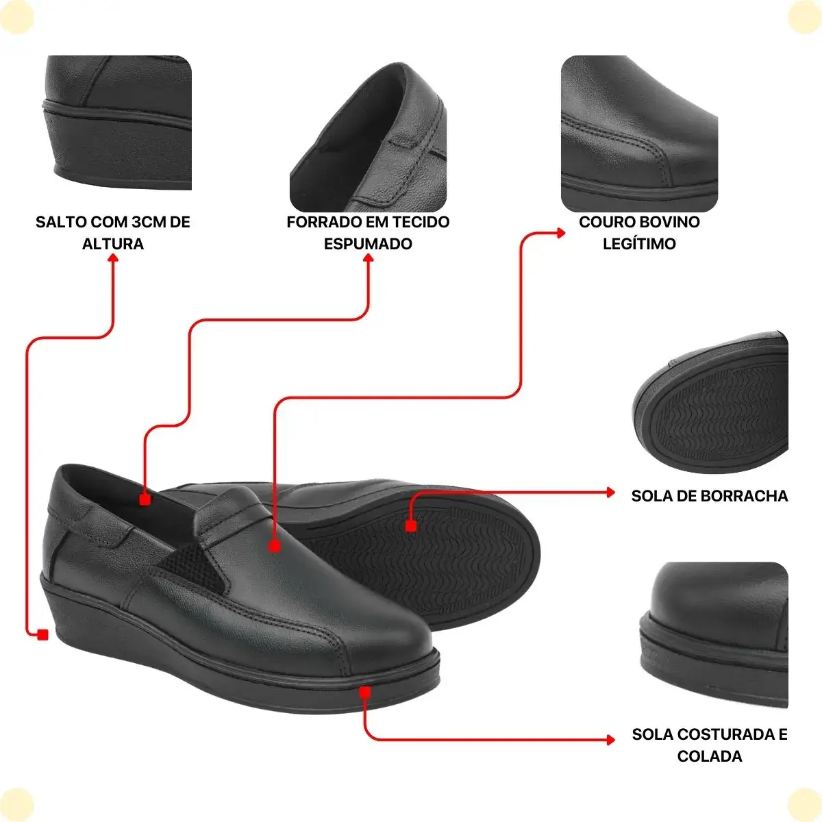 Sapato Feminino Anabela Couro Legítimo Confortável Slip On - Modelo 17010 - Imagem 2