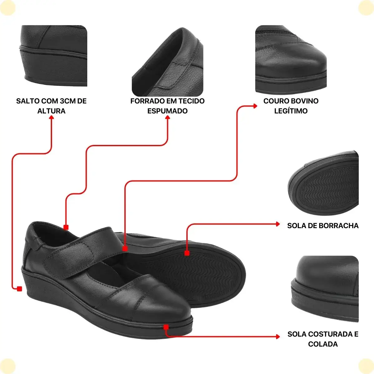 Sapato Feminino Anabela Couro Legítimo Confortável Slip On - Modelo 17040 - Imagem 3