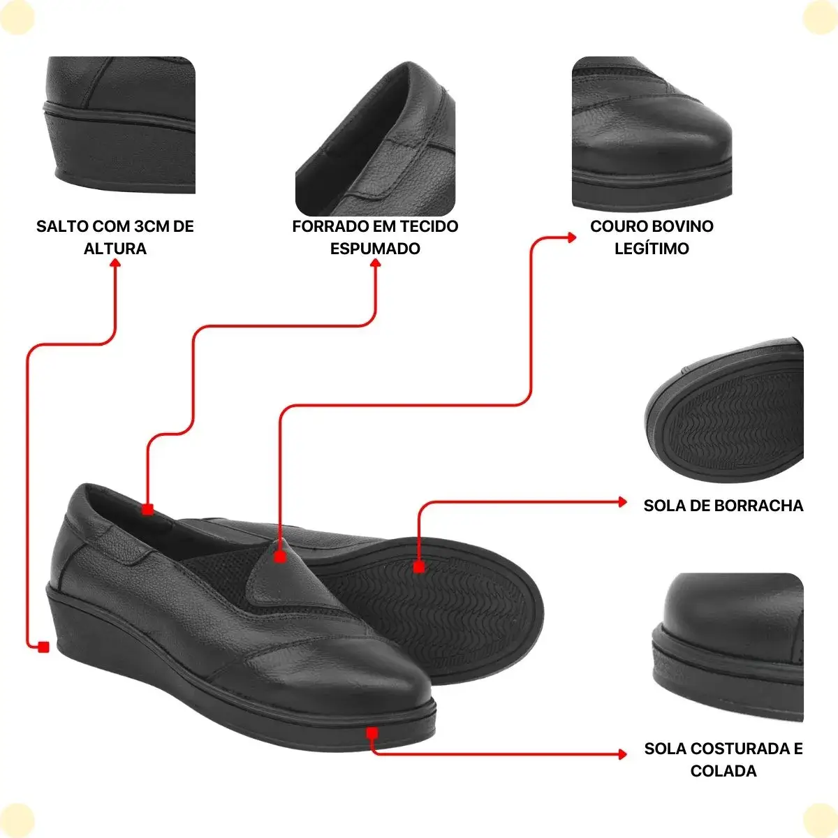 Sapato Feminino Anabela Couro Legítimo Confortável Slip On - Modelo 17020 - Imagem 3